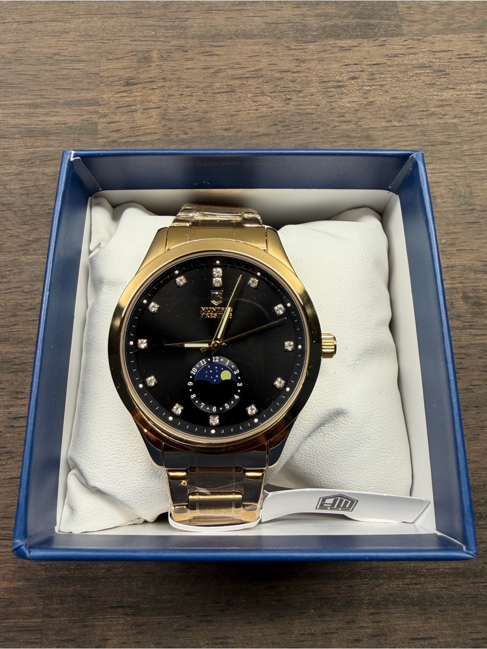 Montres Prestige Gold Tone Moonphase Watch Black Dial New